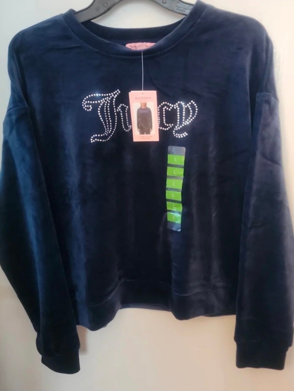 Juicy Couture Crew Neck Velour Navy Blue SOFT Long Sleeve Velvet Shirt LARGE